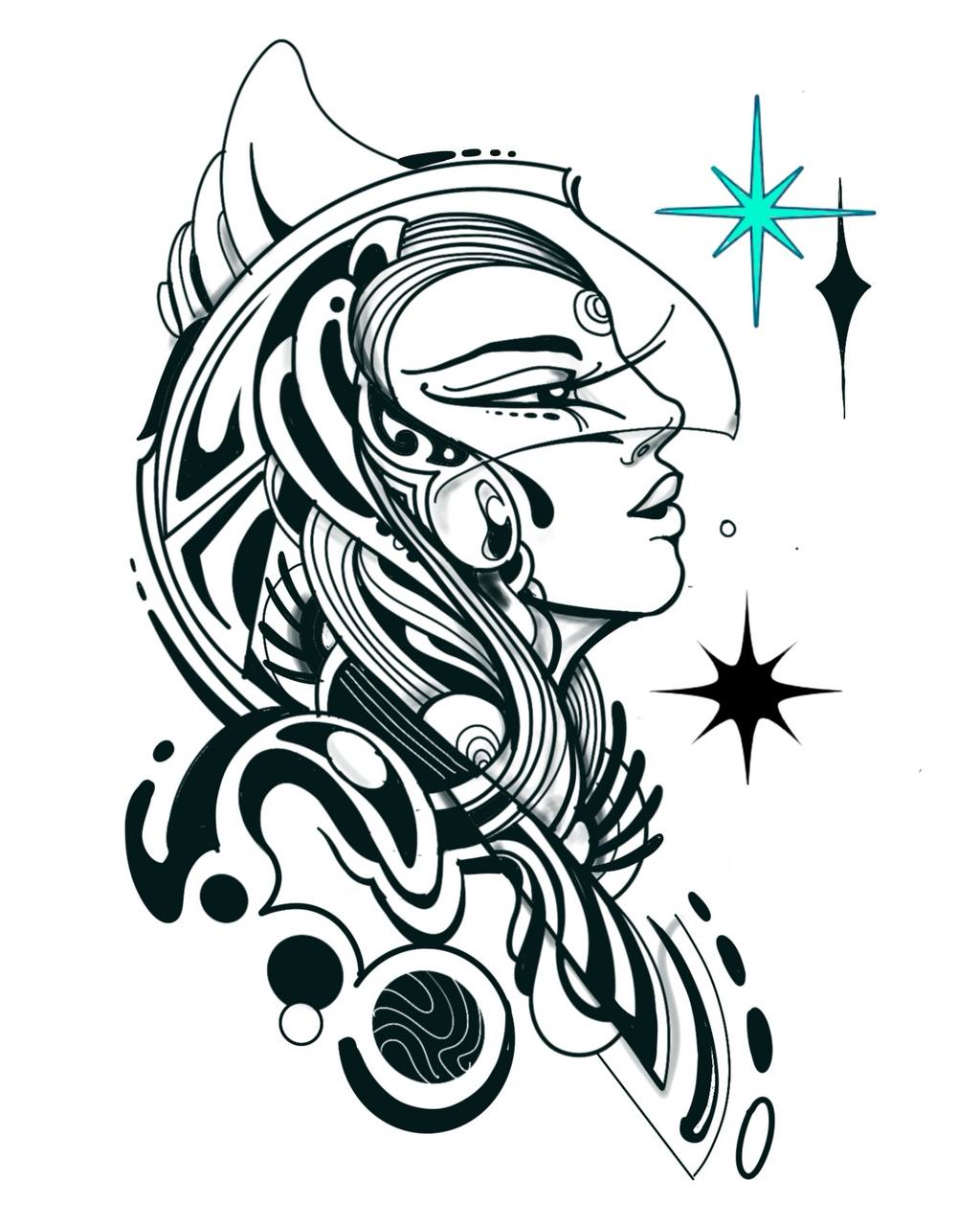 Cosmic female profile illustration with turquoise star